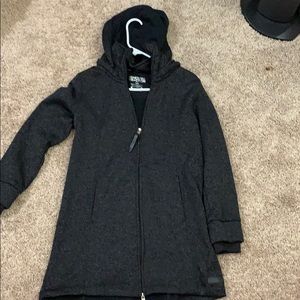 knee length dark gray sweater jacket